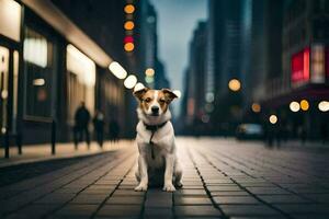 uma cachorro sentado em a rua às noite. gerado por IA foto