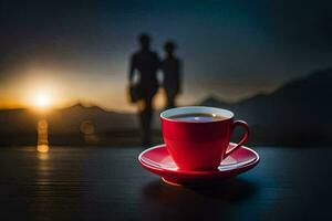 uma copo do café em uma mesa dentro frente do uma pôr do sol. gerado por IA foto