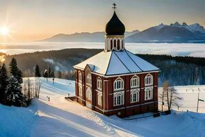 uma Igreja dentro a neve com montanhas dentro a fundo. gerado por IA foto