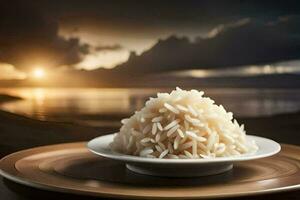 uma prato do arroz em uma de madeira mesa dentro frente do uma pôr do sol. gerado por IA foto