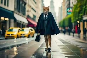 uma gato vestido Como uma o negócio pessoa caminhando baixa uma rua. gerado por IA foto