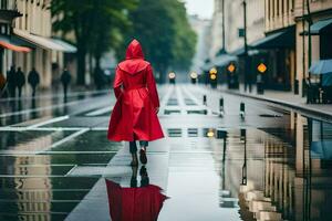 uma mulher dentro uma vermelho casaco caminhando baixa uma rua. gerado por IA foto