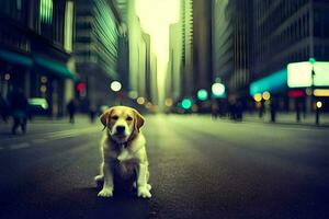 uma cachorro sentado em a rua dentro uma cidade. gerado por IA foto