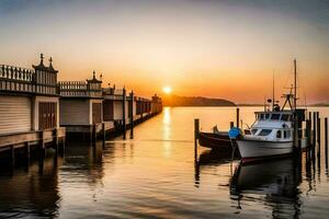 barcos ancorado às a doca às pôr do sol. gerado por IA foto