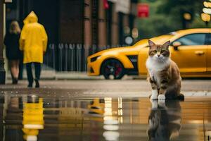uma gato sentado em a terra dentro a chuva. gerado por IA foto