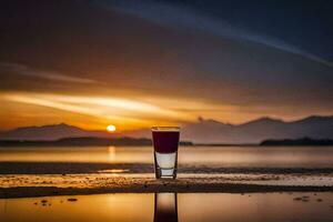 uma tiro vidro sentado em a de praia às pôr do sol. gerado por IA foto