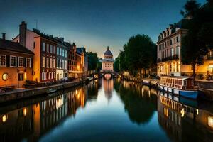 a canal dentro a cidade às crepúsculo. gerado por IA foto