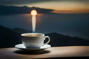 uma copo do café em uma mesa com uma pôr do sol dentro a fundo. gerado por IA foto
