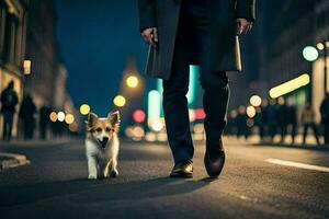 uma homem caminhando dele cachorro dentro a cidade às noite. gerado por IA foto
