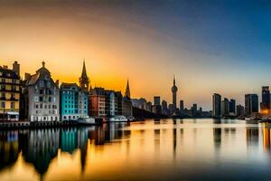 a cidade Horizonte é refletido dentro a água às pôr do sol. gerado por IA foto