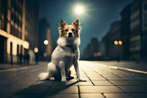 uma cachorro sentado em a rua às noite. gerado por IA foto