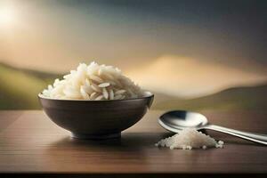 arroz dentro uma tigela e colher em uma mesa. gerado por IA foto