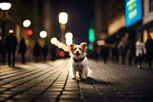 uma cachorro é em pé em uma tijolo estrada às noite. gerado por IA foto