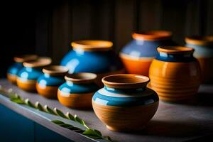 uma linha do colorida vasos em uma mesa. gerado por IA foto