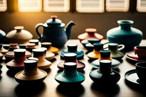 uma coleção do colorida cerâmico vasos e copos. gerado por IA foto