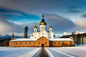 uma Igreja dentro a neve com uma Nevado estrada. gerado por IA foto