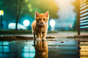 uma gato caminhando em uma molhado rua às noite. gerado por IA foto