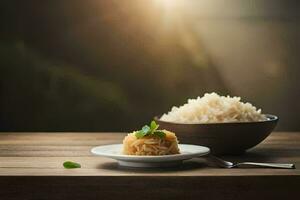 arroz e uma tigela do arroz em uma de madeira mesa. gerado por IA foto