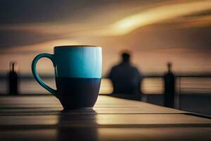 café copo em a mesa, pôr do sol, pessoa, pessoa, pessoa, pessoa, pessoa,. gerado por IA foto