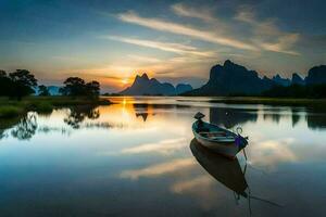 uma barco em a rio às pôr do sol. gerado por IA foto