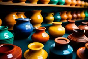colorida vasos estão em exibição dentro uma fazer compras. gerado por IA foto