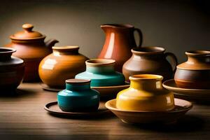 uma grupo do colorida cerâmica vasos e pratos. gerado por IA foto