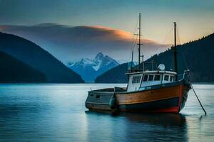 uma barco senta em a água dentro frente do montanhas. gerado por IA foto