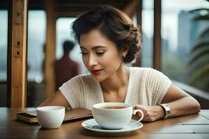 uma mulher é sentado às uma mesa com uma copo do café. gerado por IA foto