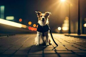 uma cachorro sentado em a calçada às noite. gerado por IA foto