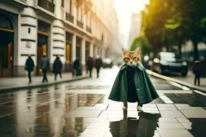 uma gato vestido dentro uma capa e uma verde capa de chuva. gerado por IA foto