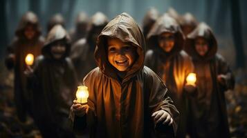 de várias crianças tendo Diversão vestido dentro assustador dia das Bruxas fantasias carregando velas às noite - generativo ai. foto