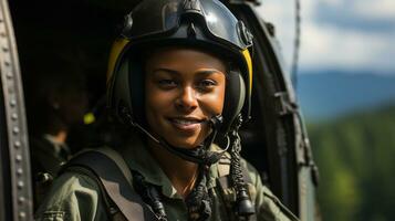 fêmea africano americano militares helicóptero piloto em pé perto dela aeronave - generativo ai. foto