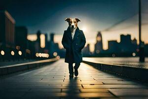uma cachorro dentro uma casaco caminhando em uma rua às noite. gerado por IA foto