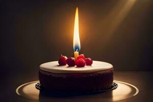 uma solteiro vela é aceso em topo do uma chocolate bolo. gerado por IA foto