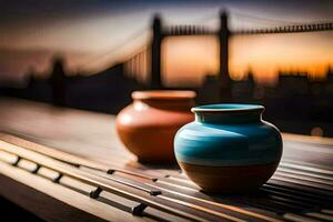 dois vasos sentado em uma de madeira mesa com uma ponte dentro a fundo. gerado por IA foto