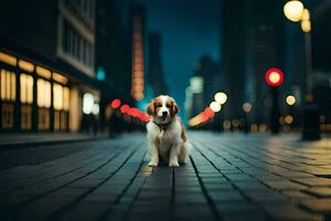 uma cachorro sentado em a rua às noite. gerado por IA foto