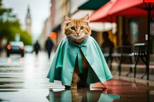 uma gato vestindo uma capa em uma chuvoso dia. gerado por IA foto