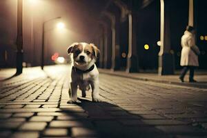 uma cachorro é em pé em uma tijolo estrada às noite. gerado por IA foto