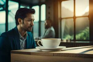 uma homem sentado às uma mesa com uma copo do café. gerado por IA foto