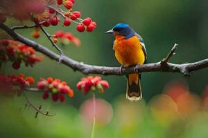 uma colorida pássaro senta em uma ramo com vermelho flores gerado por IA foto