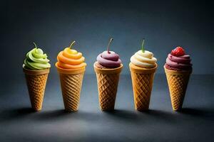cinco gelo creme cones com diferente sabores. gerado por IA foto
