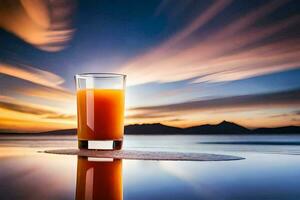 uma vidro do laranja suco em a de praia às pôr do sol. gerado por IA foto