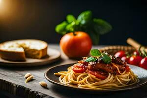 espaguete com tomate molho e pão em uma de madeira mesa. gerado por IA foto