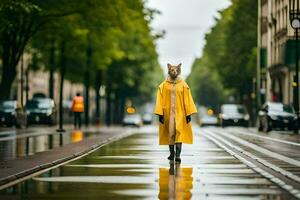 uma Raposa dentro uma amarelo capa de chuva caminhando baixa uma rua. gerado por IA foto