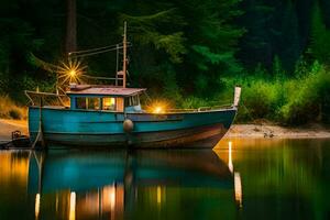 uma barco senta em a costa às noite. gerado por IA foto