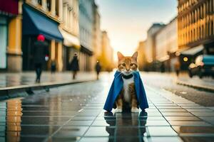 uma gato vestindo uma capa em uma cidade rua. gerado por IA foto