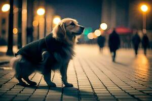 uma cachorro é em pé em uma rua às noite. gerado por IA foto