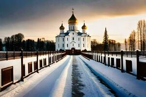 uma branco Igreja com ouro cúpulas dentro a neve. gerado por IA foto