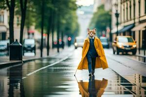 uma Raposa dentro uma amarelo casaco caminhando baixa uma rua. gerado por IA foto