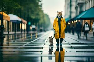 uma homem dentro uma amarelo capa de chuva e uma cachorro dentro uma amarelo casaco. gerado por IA foto